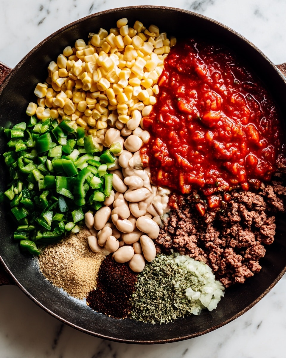 A black pan is placed on a white marbled surface, filled with several ingredients arranged in sections without mixing. From the top left, there is a cluster of light yellow corn kernels; next to it on the top right, a bright red and chunky tomato sauce with visible small pieces; below this is a pile of smooth, light beige beans; to the left of the beans, there is a pile of green chopped peppers; and scattered in the spaces between these sections are small heaps of dark brown ground spices and dried herbs. The base of the pan contains cooked, crumbled dark brown ground meat with some pieces of soft white onion mixed in. The colors and textures contrast clearly in the black pan. photo taken with an iphone --ar 4:5 --v 7