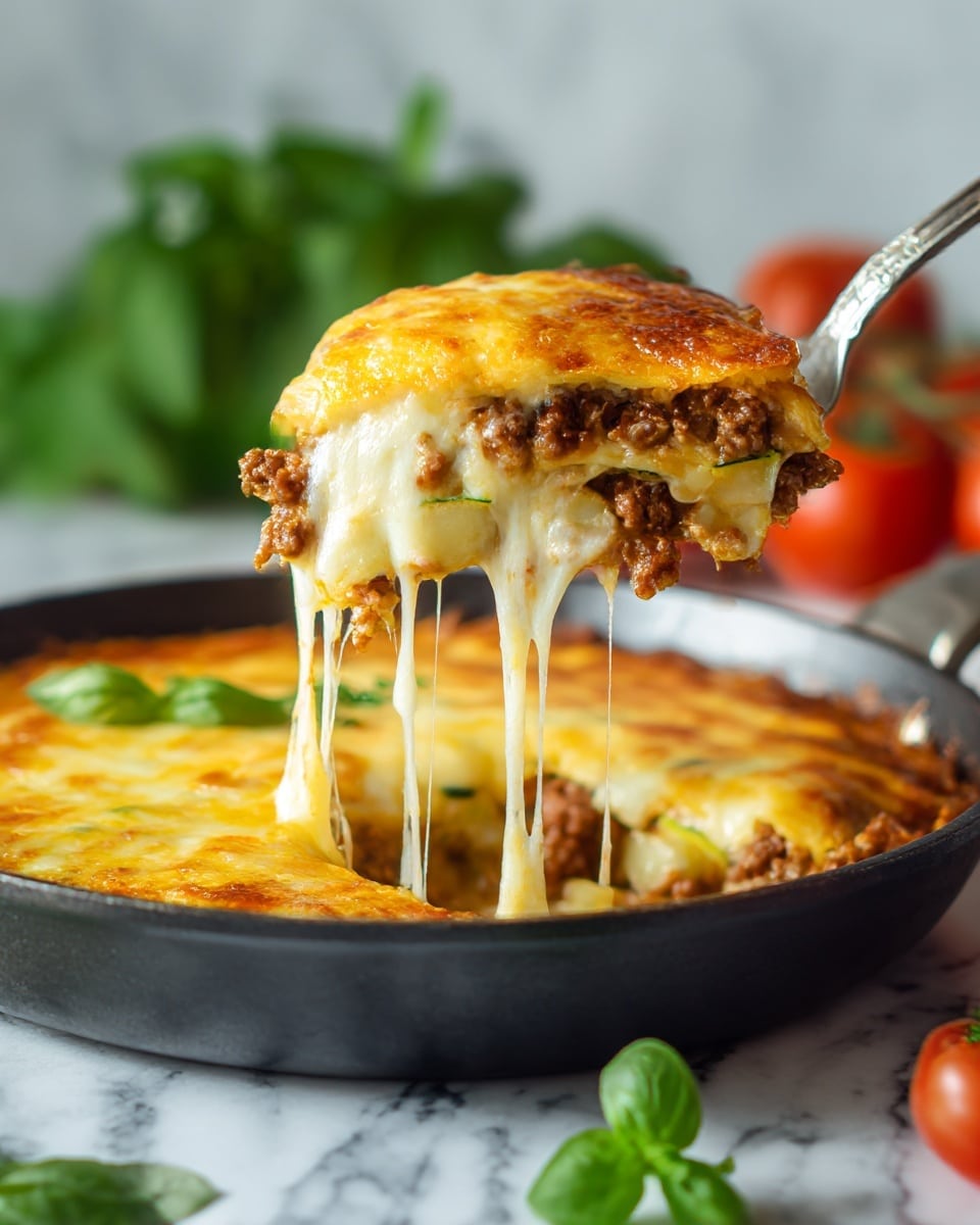 The dish shows a black pan filled with layers of melted yellow and white cheese with a shiny stretchy texture, mixed with small pieces of cooked ground meat in brown and bits of green zucchini scattered throughout. There are also chunks of light-colored cooked vegetables, possibly potatoes or onions, mixed into the cheese and meat filling. A silver spoon lifts a large spoonful of this cheesy, meaty mix, with cheese stretching in thin strings from the pan to the spoon. In the background, there is some blurred green leafy herbs and red tomatoes on a white marbled surface. Photo taken with an iphone --ar 4:5 --v 7