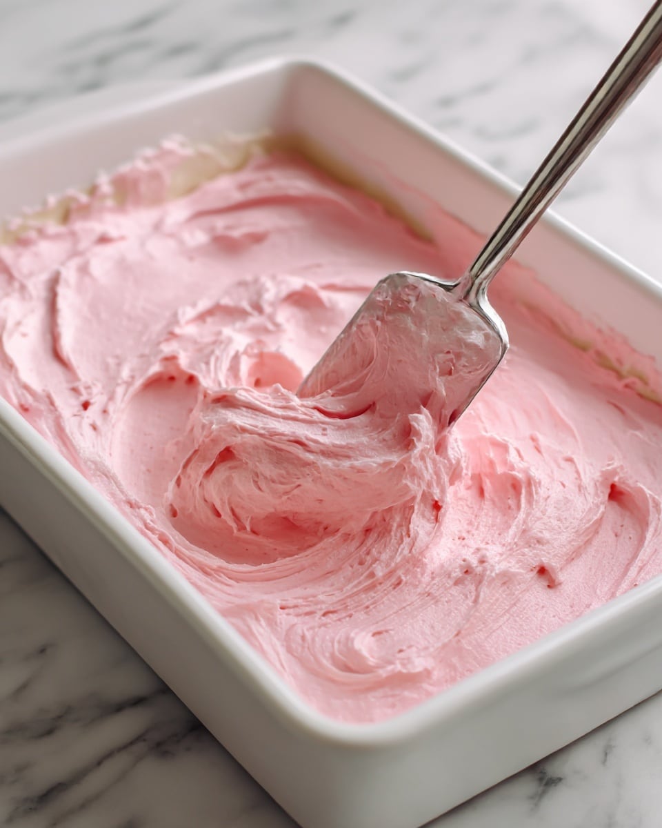 The image shows a rectangular cake with one visible layer covered in bright purple icing that has a smooth texture. On top of the icing, there are many small, round, colorful confetti sprinkles scattered evenly. The cake is inside white parchment paper in a baking tray with a metallic edge that is visible at the bottom right corner. The background has a white marbled texture beneath the tray and a section of blue and white striped cloth next to it. Photo taken with an iphone --ar 4:5 --v 7