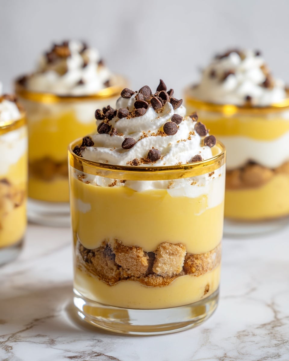 The image shows a clear glass filled with three visible layers of dessert. The bottom layer consists of small, light brown cookie chunks. Above this is a thick, smooth yellow custard layer. On top of the custard is a white whipped cream layer with chocolate chips sprinkled throughout. The glass itself has a gold rim at the top. The background is a white marbled surface, and there are two more similar glasses slightly blurred in the back. Photo taken with an iphone --ar 4:5 --v 7