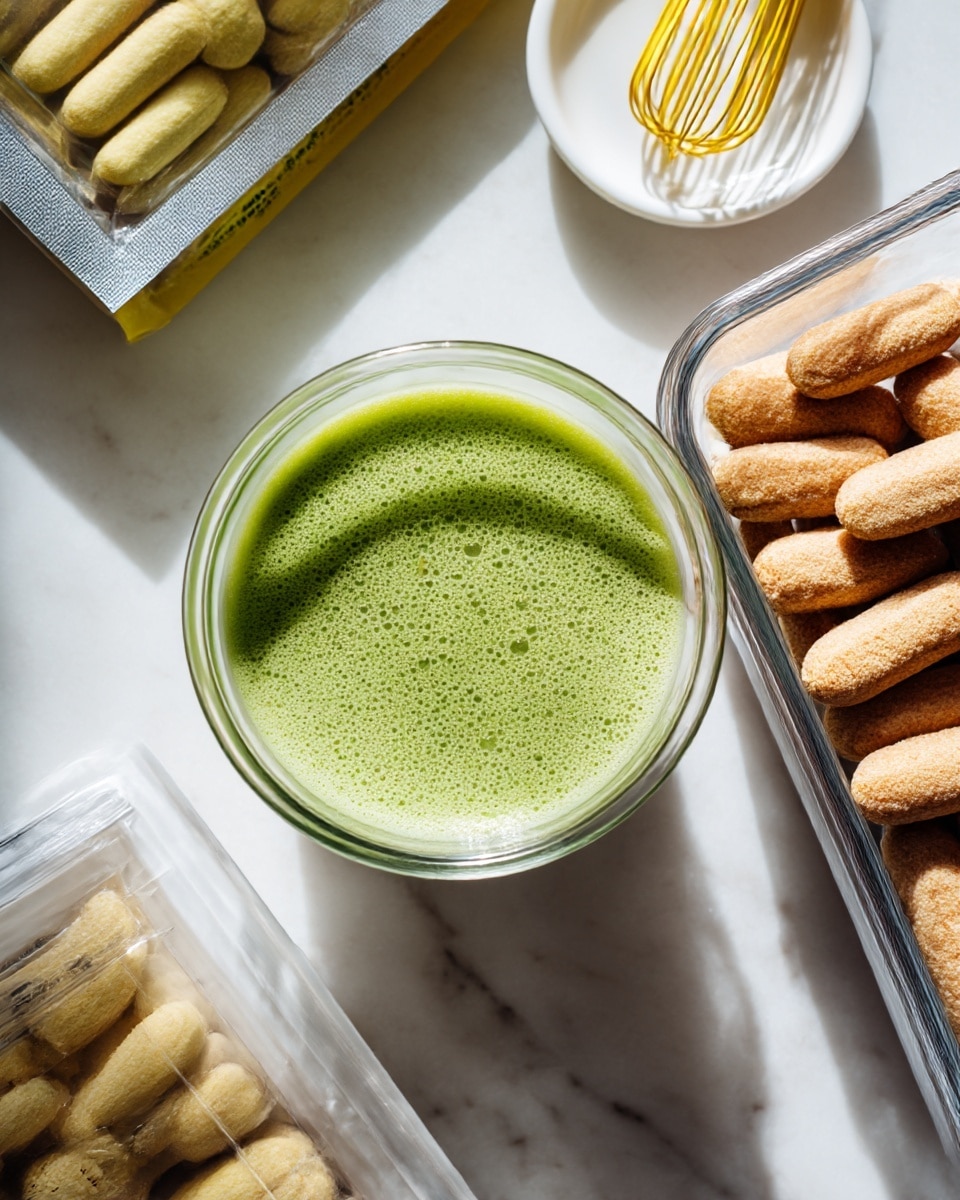 The image shows a white bowl filled with bright green liquid, having a smooth and slightly foamy texture on the top left side. To the right of it, there is a clear glass baking dish containing two rows of oblong-shaped, light brown coated items that look crunchy on the outside. To the left of the bowl, there is a partially visible package of similar oblong-shaped items, pale yellow in color. Above the bowl, there is a small white dish holding a yellow whisk tool. All objects rest on a white marbled surface. Photo taken with an iphone --ar 4:5 --v 7