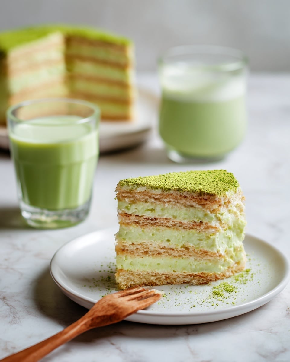 A thick square piece of layered dessert sits on a white plate on a white marbled surface. The dessert has three layers of light green cream, each separated by soft, beige sponge cake layers with some green bits inside. The top layer is creamy green and lightly dusted with bright green powder. A wooden fork, holding a piece of the dessert, rests on the right side of the plate, touched by a woman's hand. In the background, a green drink in a glass is partly visible. Photo taken with an iphone --ar 4:5 --v 7
