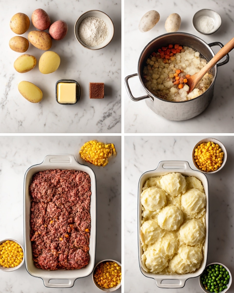 The dish is a baked casserole in a white rectangular dish. The top layer is made of mashed potatoes, golden brown with ridged lines across the surface showing a slightly crispy texture. A corner has been removed, revealing the inside layers. The bottom layer consists of cooked ground meat mixed with visible small orange carrot cubes in a brown gravy. There is a spoon resting on the dish, scooping some of the meat and carrots. The dish sits on a white marbled surface with small white bowls of peas and corn nearby. A dark cloth is partially visible to the side. Photo taken with an iphone --ar 4:5 --v 7