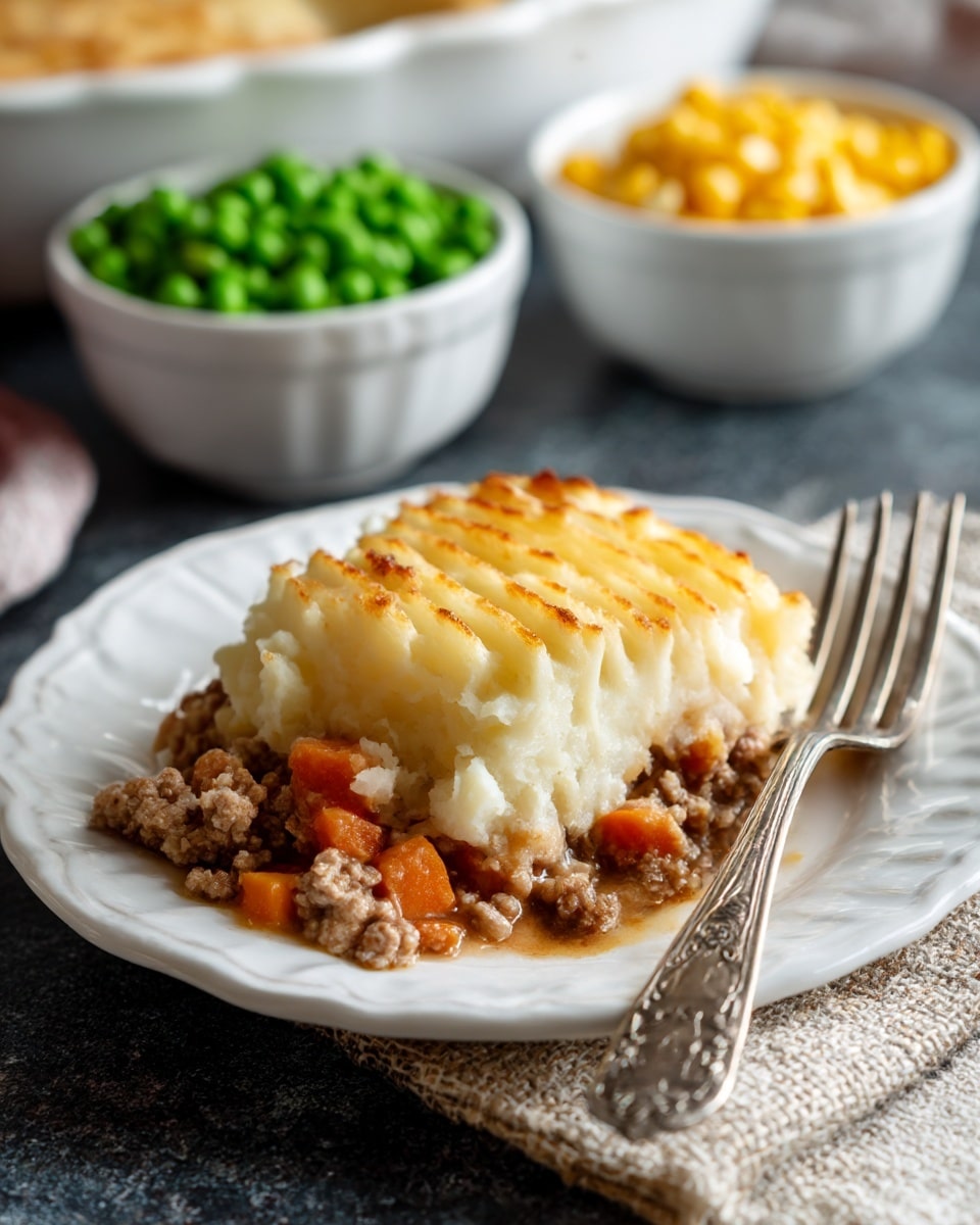 A white scalloped plate holds a dish with two main layers. The bottom layer is a mix of light brown ground meat and sauce with visible orange carrot chunks, soft and moist in texture. On top, there is a thick, golden-brown mashed potato layer, showing ridged patterns and a slightly crispy surface. A silver fork with an ornate handle rests on the right side of the plate, partially under the mashed potato. The plate sits on a dark textured surface with a woven cloth napkin near the fork. Nearby, two white bowls hold bright green peas and yellow corn. photo taken with an iphone --ar 4:5 --v 7