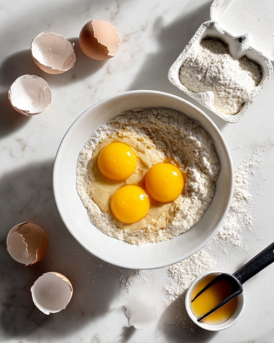 A large white bowl contains a mix of three bright yellow raw egg yolks resting on a thick, light brown creamy dough base. To the side of the eggs, there is a small pile of fine white powder spread on the dough. Around the bowl, broken white eggshells, a small white dish with a silver measuring spoon holding a light brown liquid, and an open box of white powder with a black scoop lie on a white marbled surface. The photo taken with an iphone --ar 4:5 --v 7