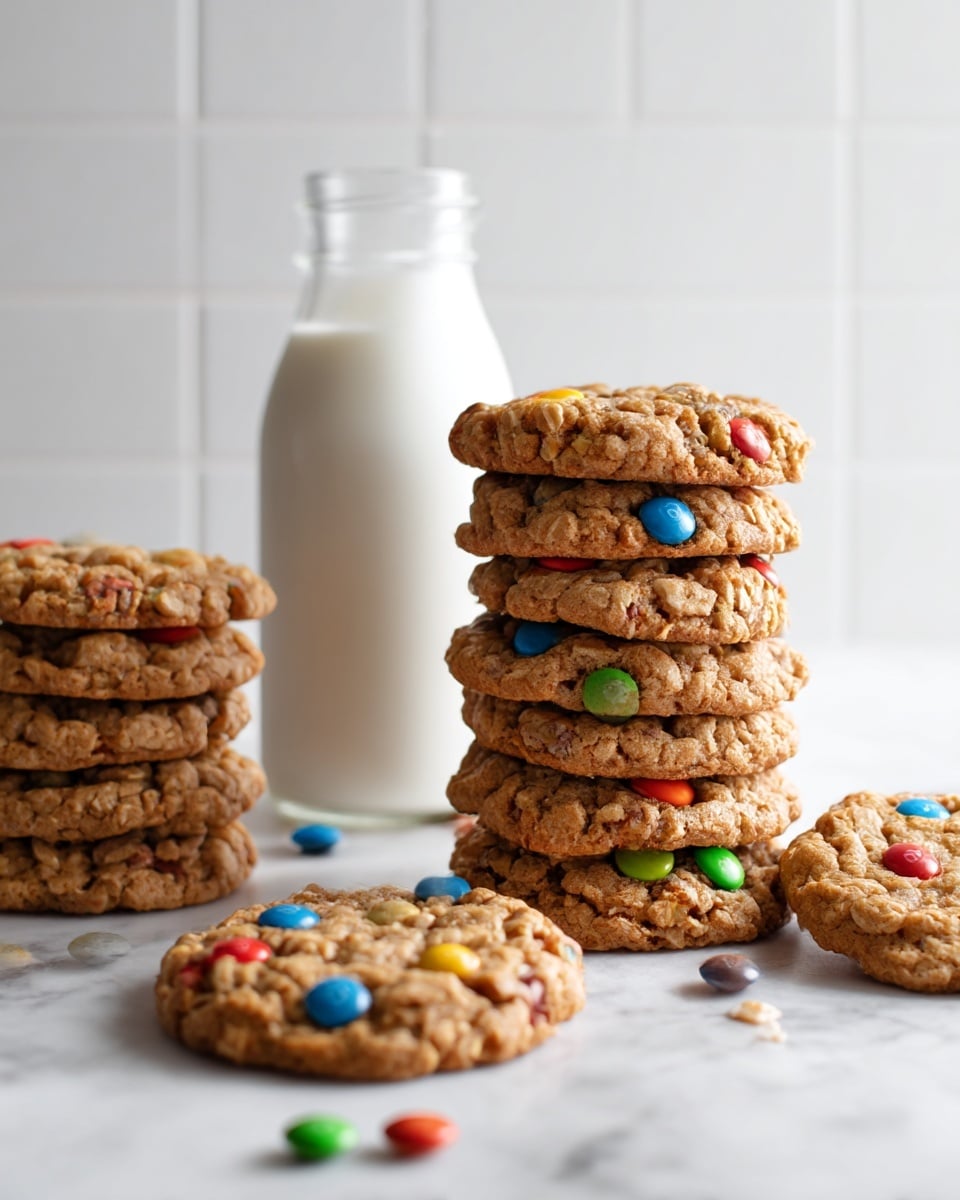 A stack of five round oatmeal cookies with colorful candy pieces baked into them is shown in the center. The cookies have a rough texture with visible oats and chocolate chips, their color is golden brown with bright red, blue, green, and orange candy spots scattered on top and in the layers. Around the stack, more cookies lay flat on a white marbled surface, and a few loose colorful candies are scattered nearby. Photo taken with an iphone --ar 4:5 --v 7