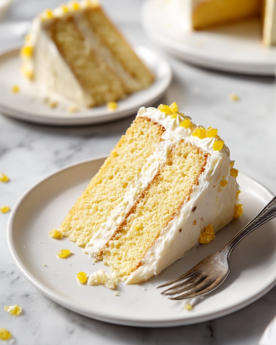 The image shows a square blue baking dish filled with a creamy dessert that has four visible layers. At the bottom and second layers, there are soft, light yellow cake or biscuit layers soaked in a syrup, alternating with three thick, smooth cream layers that are pale off-white with a slightly fluffy texture. The top layer is covered with the same cream, sprinkled with small pieces of candied ginger and a light dusting of brown spice powder. A portion of the dessert on the right side has been removed, revealing the layered structure inside. There is a spoon with some cream on it placed nearby, all set on a white marbled surface. The photo taken with an iphone --ar 4:5 --v 7