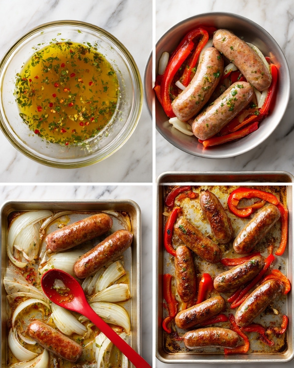 The image shows four smaller photos arranged in a grid on a white marbled surface. The top left photo has a clear glass bowl filled with a light yellow marinade mixed with small green herbs and red chili flakes. The top right photo features a silver bowl with four raw light brown sausages on top of sliced white onions and red bell pepper strips, all mixed with the marinade, with a red spoon inside. The bottom left photo shows the same sausages and vegetables spread out on a silver baking tray with softened white onion slices and red bell pepper pieces spread around the sausages. The bottom right photo displays the sausages fully cooked to a rich brown color, alongside caramelized onion rings and roasted red pepper strips on the baking tray, with some browned bits on the tray's surface. Photo taken with an iphone --ar 4:5 --v 7
