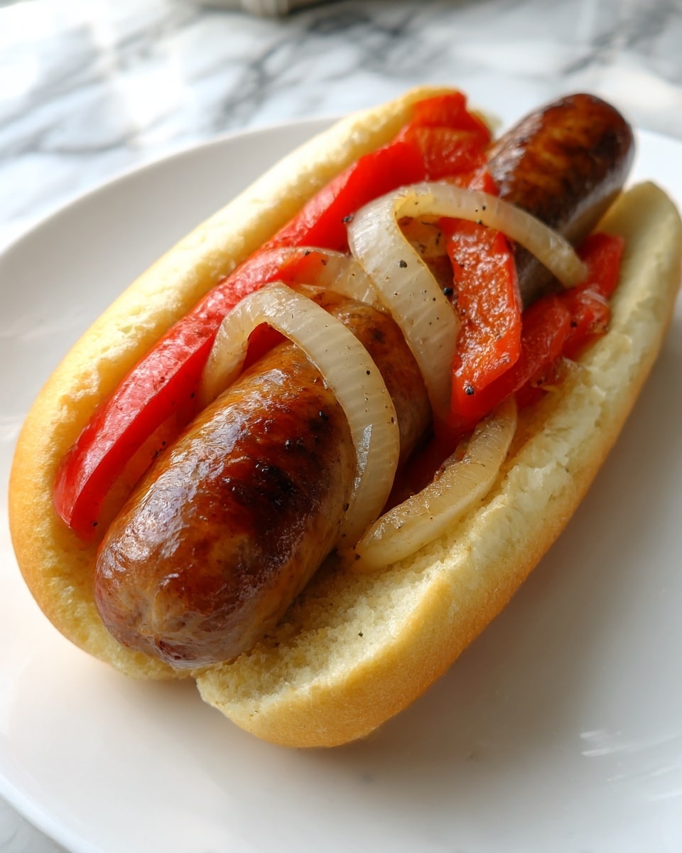 A metal baking tray lined with white parchment paper holds four browned sausages spread out evenly. Around and beneath the sausages are thin slices of cooked onions, translucent with light golden edges, and strips of roasted red bell peppers showing slight charring. The tray rests on a white marbled surface with a wooden spatula partially visible in the background. The overall look is simple, warm, and homey, with a slight sheen of oil and seasoning on the vegetables and sausages. Photo taken with an iphone --ar 4:5 --v 7
