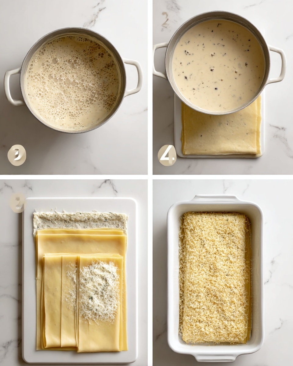 The image shows four steps of making a creamy layered pasta dish. The first top-left picture displays a pot with bubbling beige sauce with a slightly foamy texture. The top-right picture shows the same pot with the smooth beige sauce, dotted with small black specks. The bottom-left shows uncooked pasta sheets on a white cutting board, with one sheet laid out flat and a second sheet folded over with a filling of white cheese mixed with herbs spread inside. The bottom-right picture shows two uncooked pasta layers covered generously with light yellow breadcrumbs, sitting side by side in a white rectangular baking dish on a white marbled surface. photo taken with an iphone --ar 4:5 --v 7