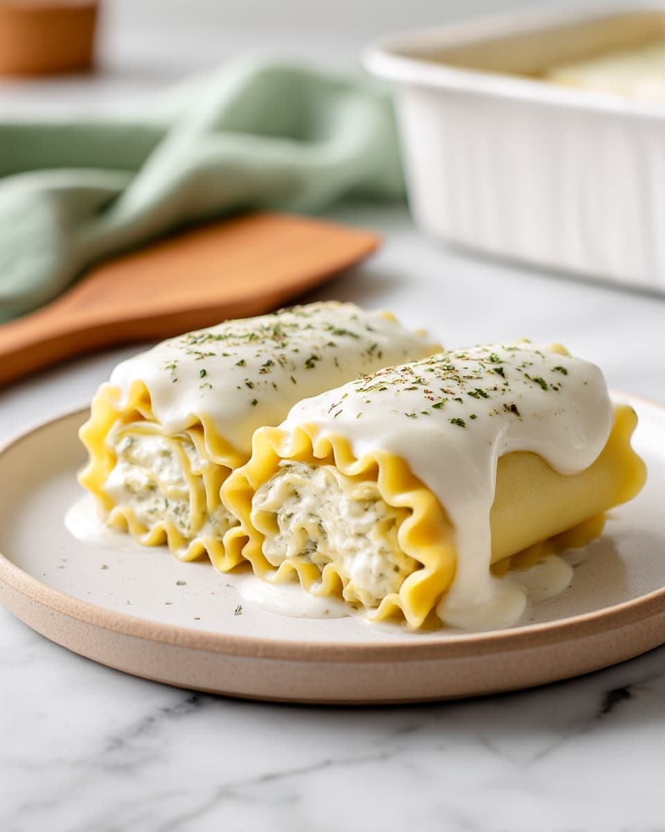The image shows a white rectangular baking dish filled with four rolled pasta pieces covered in a creamy white sauce with specks of herbs and slight golden brown spots on top. Each pasta roll is layered with a light yellow pasta and creamy sauce inside, with the top layer thickly coated in the sauce, sprinkled with green parsley bits. A wooden spatula lifts one of the pasta rolls, showing the rolled layers of pasta inside soaked with creamy sauce. The dish rests on a white marbled surface. photo taken with an iphone --ar 4:5 --v 7