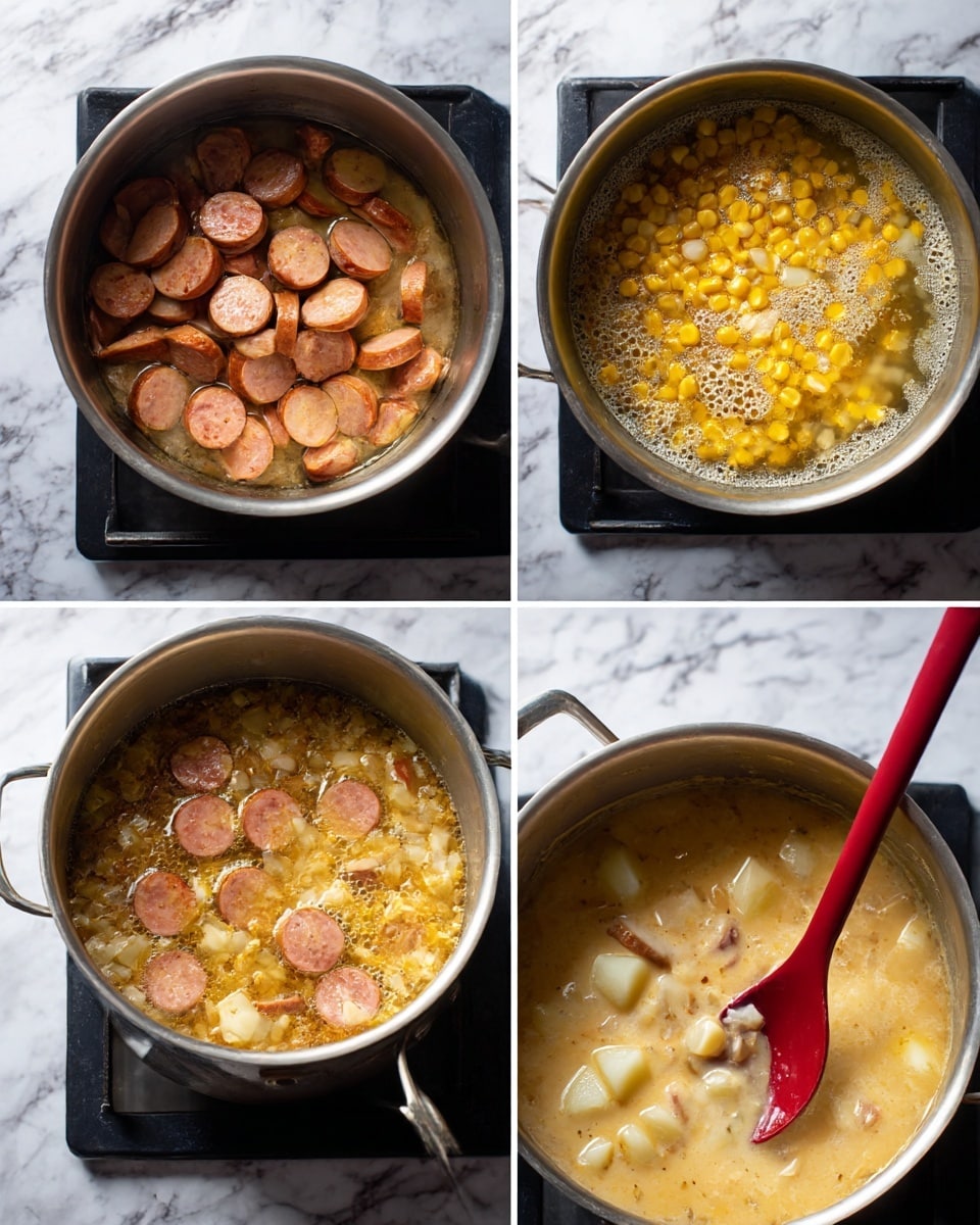 Four images show the cooking process of a soup inside a silver pot on a stove. The first image has browned sliced sausage pieces with a slightly oily texture in the pot. The second image shows yellow corn kernels and diced onions cooking in melted butter, bubbling gently. The third image combines browned sausage slices, yellow corn kernels, and white diced potatoes submerged in a golden-brown broth. The fourth image shows the soup thickened with a creamy light beige broth, with sausage slices and corn floating, stirred by a red spoon. The pot is placed on a black stove with a white marbled texture surface visible around. Photo taken with an iphone --ar 4:5 --v 7