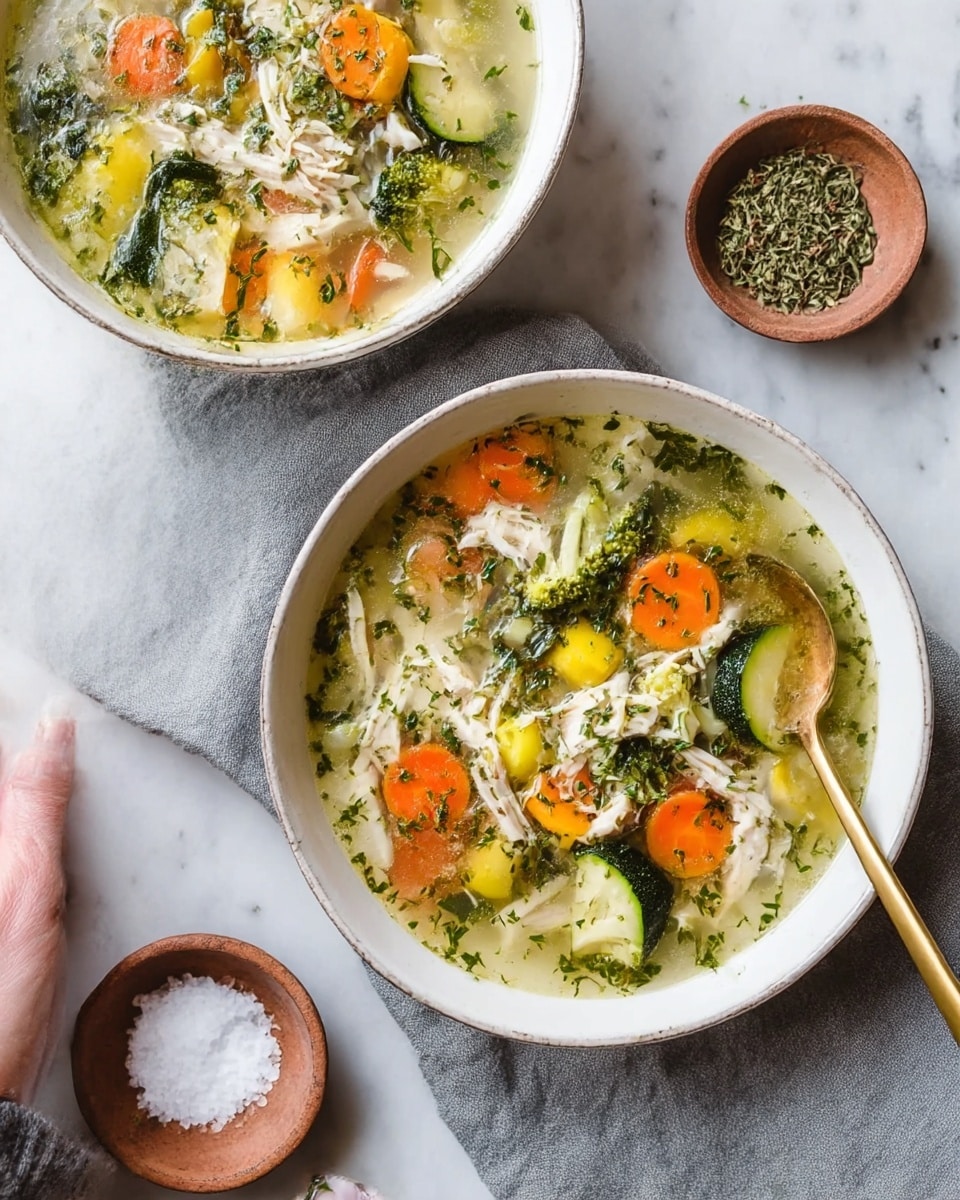 Two white bowls filled with clear chicken soup containing shredded chicken pieces, bright orange carrot slices, green broccoli florets, yellow squash slices, and green zucchini slices, all sprinkled with finely chopped herbs; the soup has a light broth with visible herbs floating on top. One bowl has a gold spoon resting inside, held by a woman's hand. The bowls sit on a soft gray cloth over a white marbled surface. Nearby are two small round bowls with salt and dried herbs. photo taken with an iphone --ar 4:5 --v 7
