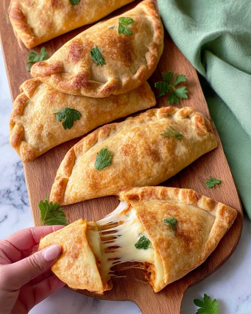The image shows four round, golden-brown pastries with twisted edges arranged on a wooden board over a white marbled surface. One pastry is broken open, revealing melted white cheese stretching out. The pastry crust has a slightly uneven texture with darker brown spots and is sprinkled with fresh green parsley leaves on top. The background includes a red cloth for contrast. photo taken with an iphone --ar 4:5 --v 7