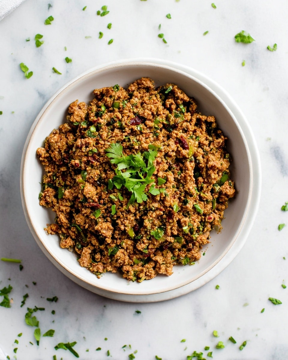 A white plate holds two pieces of light brown naan bread at the bottom right, with a mound of seasoned ground meat mixed with green herbs and sliced green chilies placed above it. A small wedge of lime rests on the right side of the meat. Above the plate, there is a small white bowl containing white yogurt garnished with chopped green herbs and a spoon inside it. To the left and slightly above, a smaller white plate contains red chili flakes. At the bottom left, a larger white bowl filled with more of the seasoned ground meat sits on a white marbled surface, with a spoon partially visible in it. Small bits of green herbs are scattered around the plates. Photo taken with an iphone --ar 4:5 --v 7