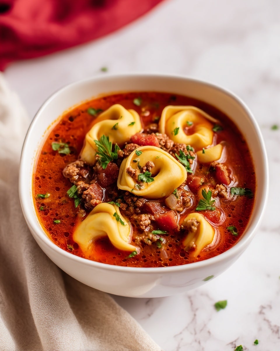 A white square bowl filled with a rich, red tomato broth layered with yellow tortellini pasta on top, scattered ground meat in brown tones mixed with diced red tomatoes and bits of onion. The soup is garnished with small green parsley leaves, adding a fresh touch. The liquid looks slightly oily with a glossy texture, and the bowl is placed on a white marbled surface next to a light beige cloth and a red background element. photo taken with an iphone --ar 4:5 --v 7