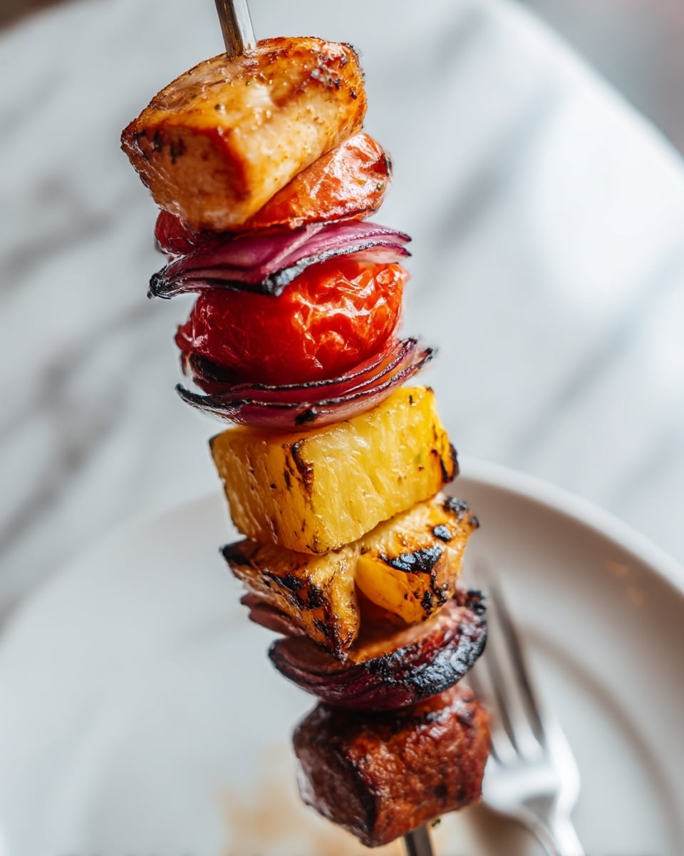 The image shows a close-up view of a vertical skewer with seven layers of grilled food. From top to bottom: a piece of golden-brown grilled chicken with a slightly charred surface; a thick piece of light purple-red onion; a bright red tomato slice with a soft texture showing slight grill marks; a thick yellow grilled pineapple ring with caramelized edges; a piece of darker grilled meat with grill marks; another thick slice of purple-red onion; a grilled pineapple piece with light charred edges; and at the bottom, a juicy, browned grilled meat chunk. The skewer is held by a silver fork resting on a white plate, with a blurry white marbled surface background in soft focus. Photo taken with an iphone --ar 4:5 --v 7