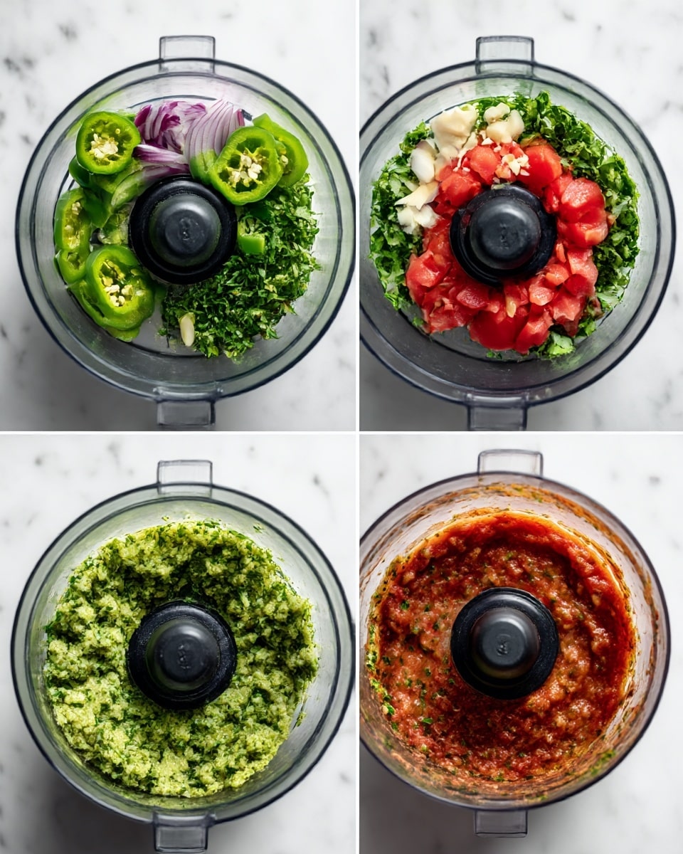 The image shows a sequence of four close-up shots from inside a clear food processor bowl on a white marbled surface. The first layer contains fresh ingredients: bright green jalapeno pieces, leafy green cilantro, a few pieces of purple onion, and small bits of chopped garlic all around the black central processor blade. The second layer shows these ingredients chopped finely into a green, slightly wet and textured paste surrounding the black blade. The third layer adds bright red chunks of tomato along with some salt over the green paste, still separate around the blade. Finally, the fourth layer shows the ingredients blended into a reddish-brown sauce with visible green herbs in the mix, with a smooth, slightly chunky texture still in the clear bowl around the black blade. Photo taken with an iphone --ar 4:5 --v 7