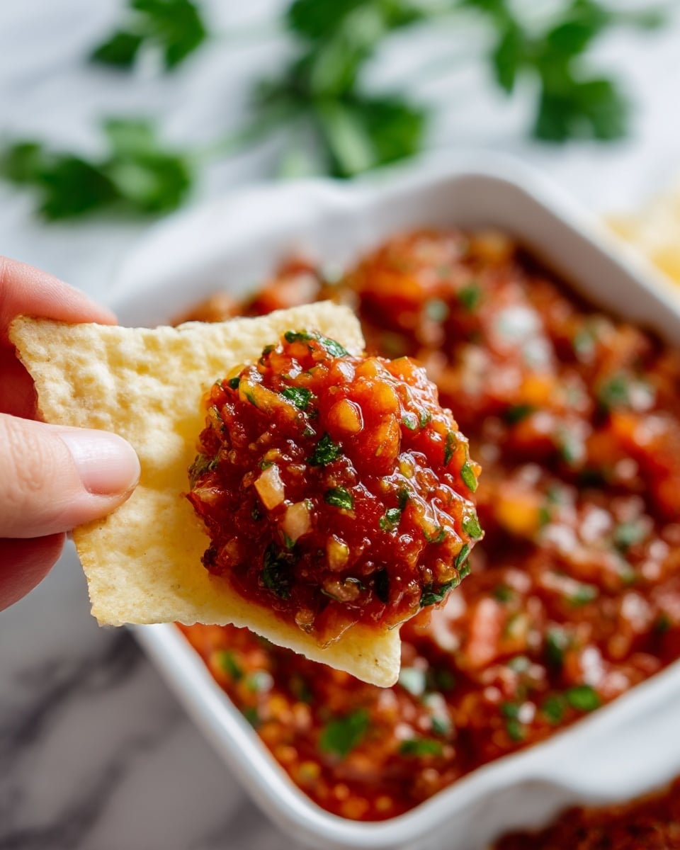 The image shows a white small rectangular dish filled with a chunky, reddish salsa mixed with finely chopped green herbs. Two roundish, speckled yellow tortilla chips are placed partly inside the salsa on the right side of the dish. The dish is set on a wooden board with more yellow tortilla chips scattered around it. In the background, there is another white bowl of the same salsa and some green leafy herbs. The whole setting is on a white marbled surface. Photo taken with an iphone --ar 4:5 --v 7