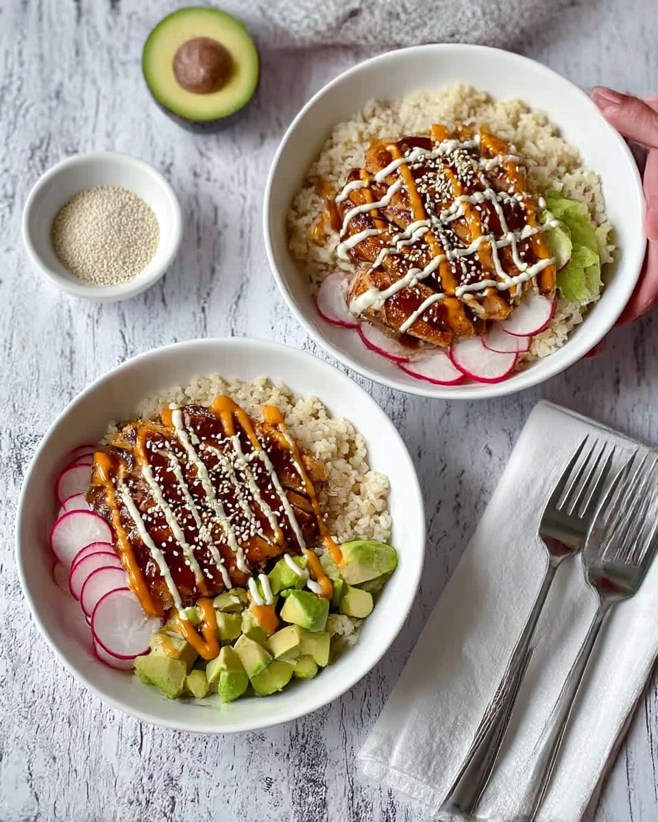 Two white bowls are placed on a white marbled surface with a light gray patterned cloth and two forks nearby. Each bowl has four parts: at the bottom, there is light brown rice; on one side, bright green avocado chunks; next to the avocado, thin red and white radish slices; and on the other side, dark brown grilled chicken pieces with a shiny glaze. The chicken is topped with two sauces, one creamy white and the other bright orange, drizzled in lines. White sesame seeds and small green onion slices are sprinkled over the chicken. In the background, a small white bowl holds white sesame seeds. Photo taken with an iphone --ar 4:5 --v 7