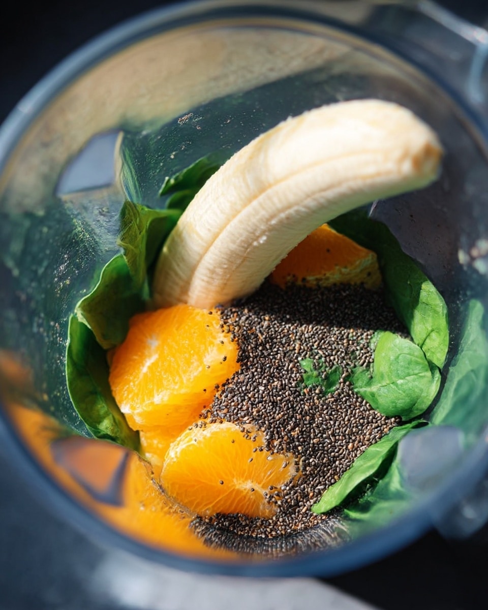 A small clear glass filled with a thick, bright green smoothie topped with a thin orange slice sits on a white marbled surface. Around the glass, there is a white bowl with fresh green spinach leaves in the upper right corner, a small white plate with dark chia seeds in the center right, and another small white bowl with creamy white yogurt placed on a wooden coaster at the bottom center. A silver spoon rests inside the yogurt bowl. A gray fabric cloth is draped on the left side of the image with a half orange placed near the top left corner. A small triangular orange slice is near the chia seeds at the bottom right. photo taken with an iphone --ar 4:5 --v 7