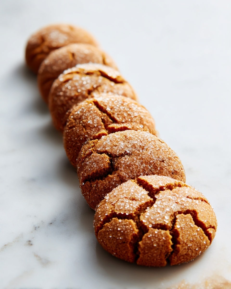 A close-up view shows a row of six round cookies lined up diagonally on a white marbled surface, each cookie with a rich brown color and a cracked texture on the top. The cookies are coated lightly with sparkling sugar crystals that catch the light, adding a subtle shine. The cookies appear soft with delicate cracks and a slightly rough surface, set closely together in a neat line. Photo taken with an iphone --ar 4:5 --v 7