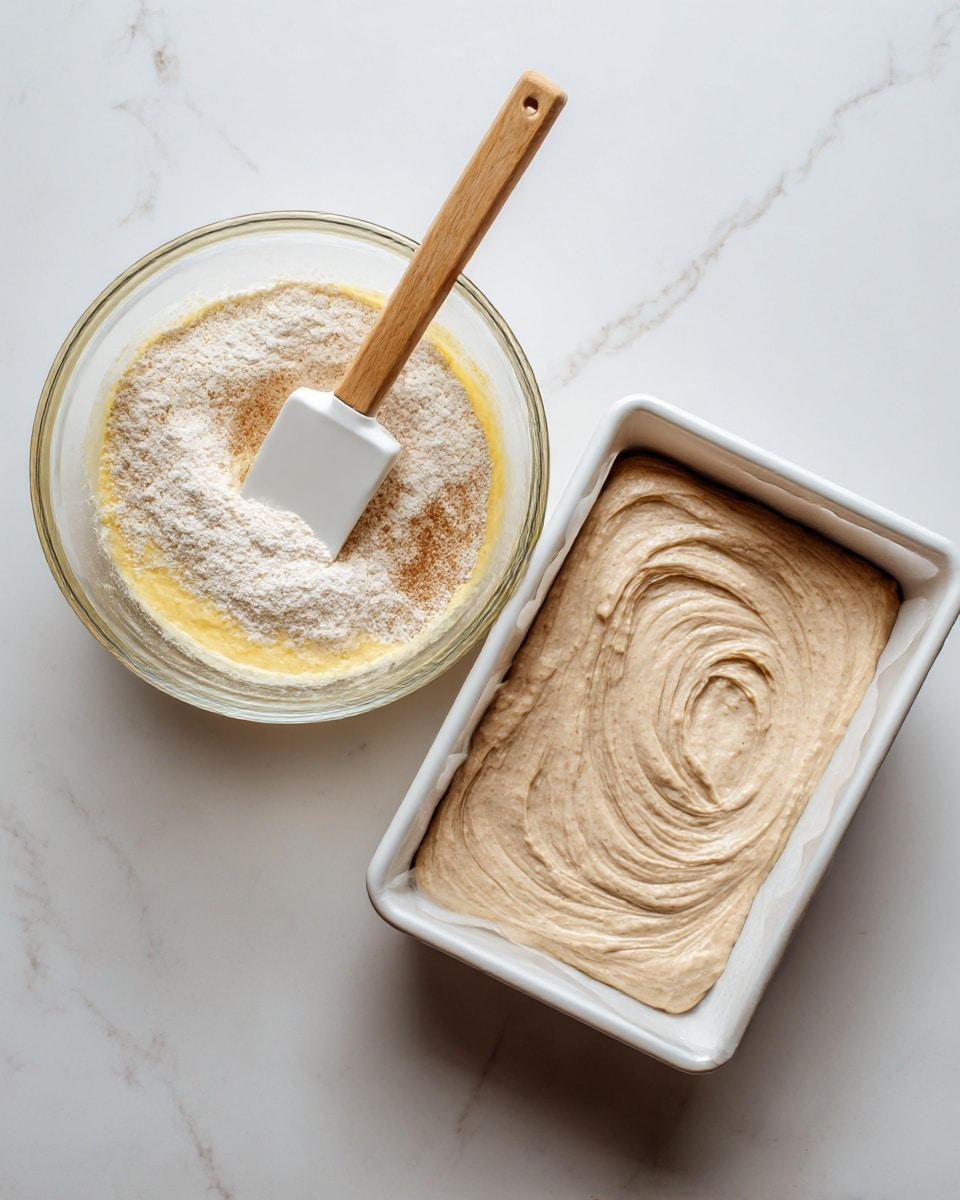 The image shows a white marbled surface with two parts: on the left, a transparent glass bowl filled with a yellow mixture at the bottom, topped with white flour, white powder, and brown spice, with a white spatula with a wooden handle resting inside; on the right, a square white baking pan lined with white parchment paper filled with smooth light brown batter, and a white spatula with a wooden handle spreading the batter in swirling motions across the top. Photo taken with an iphone --ar 4:5 --v 7