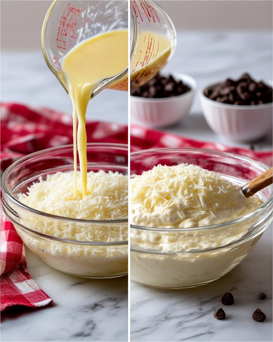 The image shows two side-by-side photos of mixing steps in a clear glass bowl placed on a white marbled surface with a red and white checkered cloth nearby. The left photo shows a creamy yellow liquid being poured from a glass measuring cup into a bowl full of white shredded coconut. Behind it, there is a small white bowl filled with dark chocolate chips. The right photo shows the same clear glass bowl with the coconut now mixed and topped with a thick white creamy layer, possibly whipped cream, with a wooden-handled spatula resting in the bowl. The chocolate chips and spatula handles are visible in the background. Photo taken with an iphone --ar 4:5 --v 7