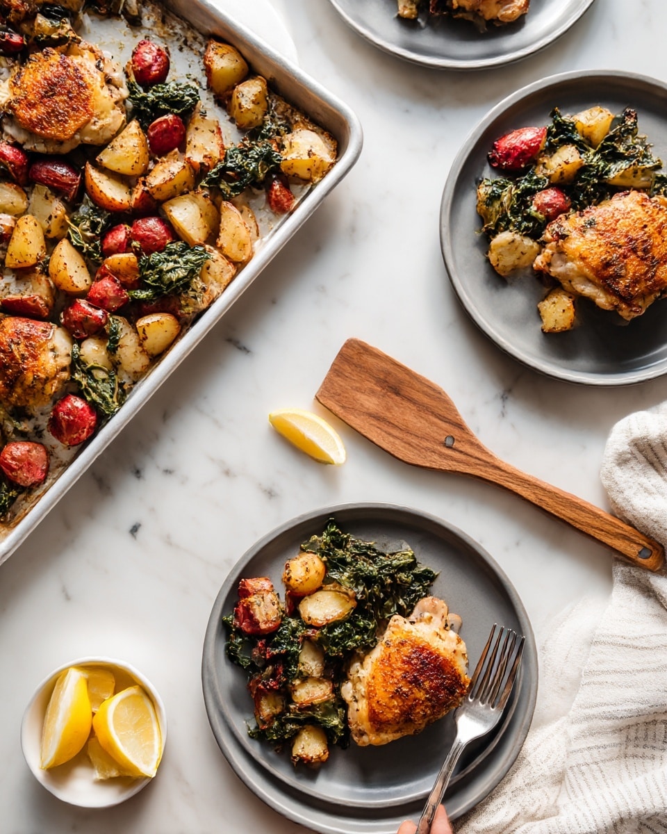 The image shows two gray plates and a white baking tray on a white marbled surface. Each gray plate has one golden brown piece of cooked chicken with a slightly crispy texture on the top right, next to a mix of red and white roasted potatoes with wilted green leafy vegetables, arranged on the left side of the plates. The white baking tray is filled with more golden chicken pieces and the same mix of roasted potato chunks and green leafy vegetables, with a wooden-handled spatula resting on the edge. There is a small white dish below the tray holding lemon wedges. A woman's hand is using the fork placed on the top gray plate. The background includes a white and beige striped cloth towel. photo taken with an iphone --ar 4:5 --v 7