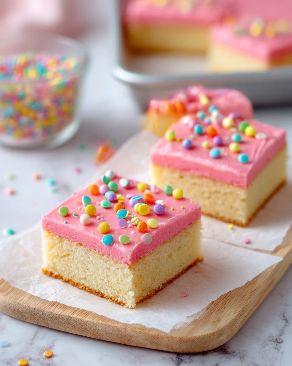 The image shows three square pieces of cake with two layers each resting on white parchment paper on a wooden board. Each piece has a light beige spongy base topped with a thick, smooth layer of bright pink frosting. The frosting is decorated with colorful round confetti sprinkles in pastel shades of yellow, green, orange, blue, and purple. In the background, there is a blurry container filled with more of the same sprinkles and a larger tray of the pink frosted cake. The surface underneath is a white marbled texture. photo taken with an iphone --ar 4:5 --v 7