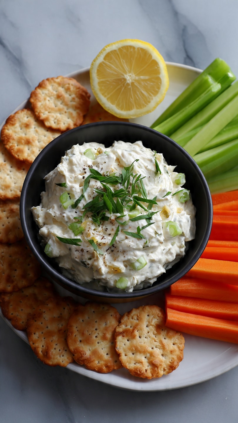 A black bowl filled with a thick creamy white spread mixed with small green pieces, topped with fresh chopped green herbs, sits in the center of a white plate. Around the bowl, there are light golden, crispy cracker pieces spread closely together. To the right of the bowl, there are bright orange carrot sticks and fresh green celery sticks arranged neatly. A yellow lemon slice partly visible is placed next to the bowl on the left side. The whole setup is on a white marbled surface with soft natural lighting. photo taken with an iphone --ar 4:5 --v 7