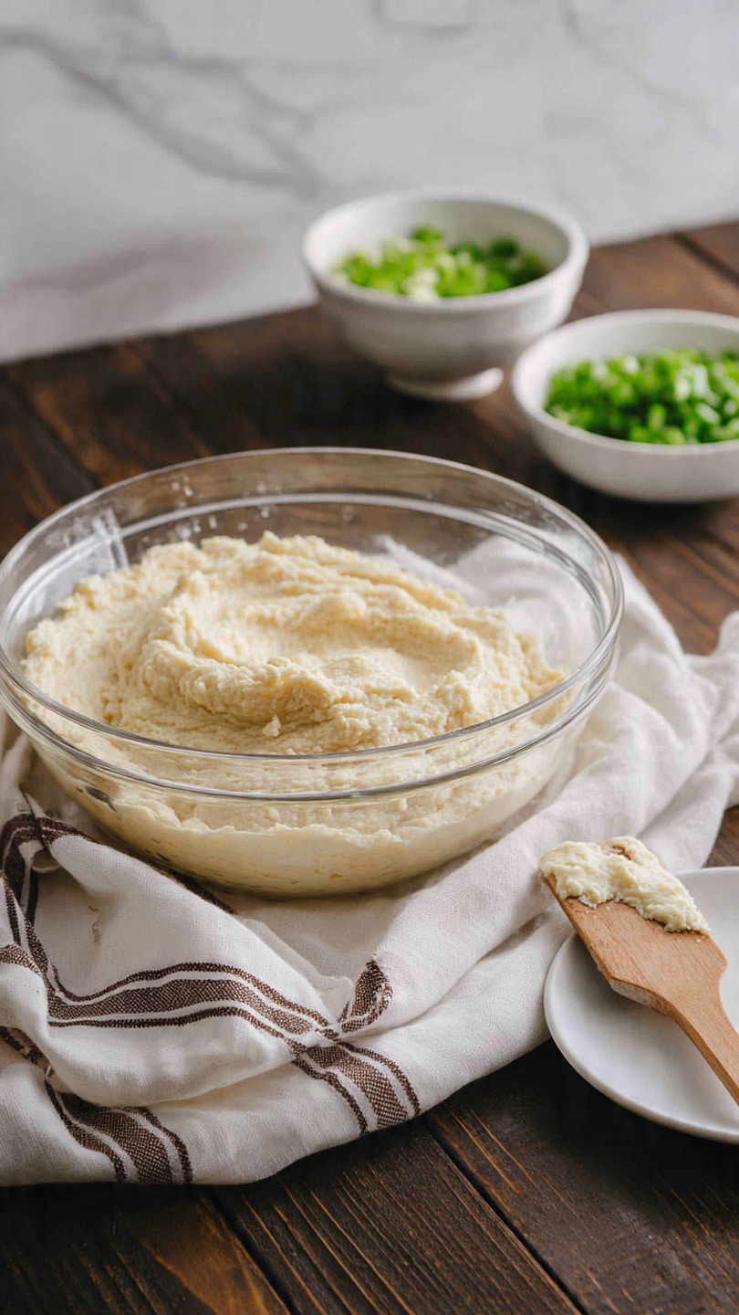 A clear glass bowl sits on a dark wooden surface with a white cloth with brown stripes underneath and partially draped beside it. Inside the bowl is a thick, creamy mixture of light beige color with a slightly rough texture. To the right, there is a small white plate holding a wooden spatula coated with the same mixture. In the background, two white bowls are partly visible, one filled with chopped green herbs and the other with sliced green onions, all set against a white marbled background. photo taken with an iphone --ar 4:5 --v 7