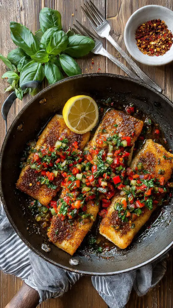 Mediterranean Pan-Seared Sea Bass with Garlic Bell Pepper Medley Recipe