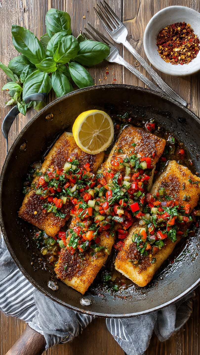 Mediterranean Pan-Seared Sea Bass with Garlic Bell Pepper Medley Recipe