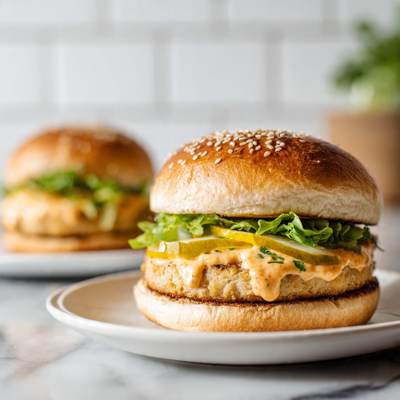 The image shows a close-up of a sandwich placed on a white plate with a soft bun on top sprinkled with sesame seeds as the first layer. Underneath the top bun, there is a creamy orange sauce with green herb bits visible, followed by a layer of yellow pickles. Below the pickles is a thick, light-colored cooked patty with a slightly rough texture. Under the patty, there is a layer of fresh green lettuce and more of the same creamy sauce covering the bottom of the soft bun. In the background, there is another similar sandwich blurred out, with the entire scene set on a white marbled surface and a white tiled wall. photo taken with an iphone --ar 4:5 --v 7