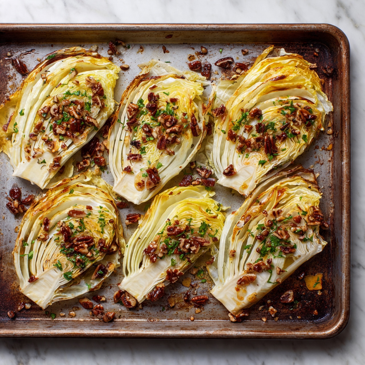Several pieces of roasted cabbage slices rest on a baking sheet, each slice showing multiple thin layers of pale yellow and light golden brown leaves with slight charring on the edges. The cabbage slices are topped with scattered chopped pecans and small green herb bits, creating a mix of earthy brown, green, and toasted yellow colors. The baking sheet has a well-used look with dark brown baked spots. The whole scene is set on a white marbled surface below the baking sheet. Photo taken with an iphone --ar 4:5 --v 7