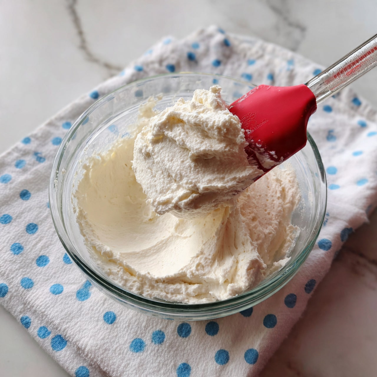 The image shows a clear glass bowl filled with a large amount of creamy, light yellow whipped mixture with a smooth and fluffy texture. The surface of the mixture has peaks and swirls, giving it a light and airy look. The bowl is placed on a white cloth with bright blue polka dots, which rests on a white marbled surface. The background is softly blurred, putting focus on the bowl and its contents. photo taken with an iphone --ar 4:5 --v 7