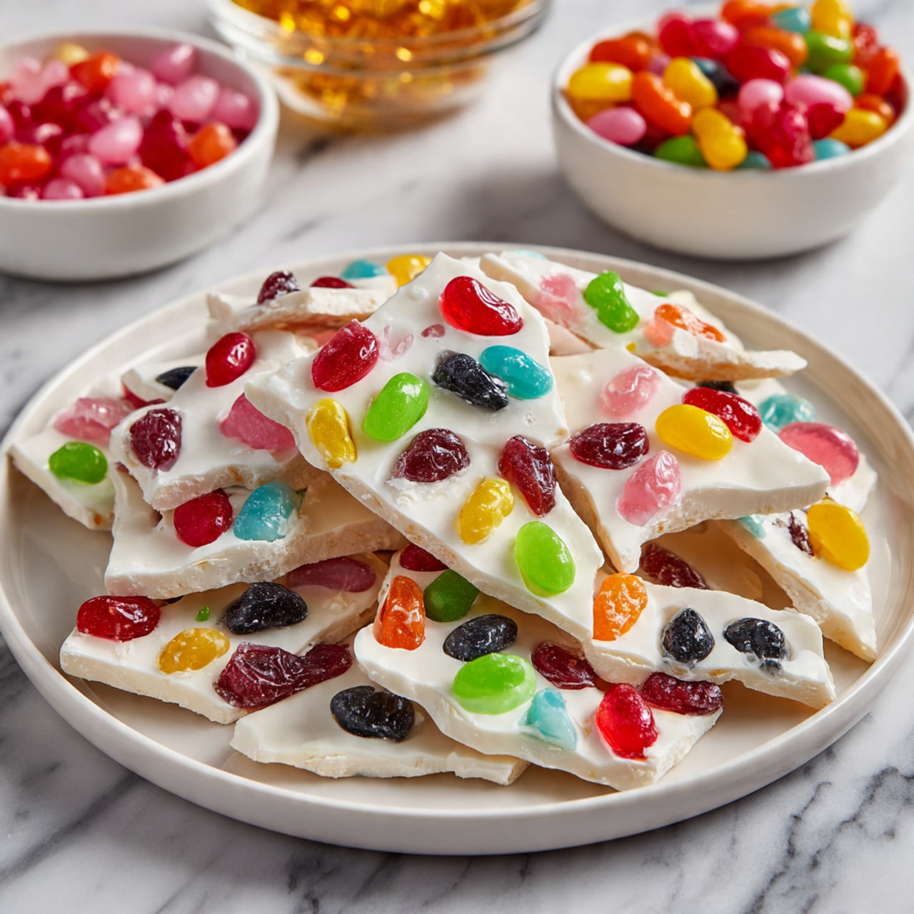 A round white plate filled with pieces of white bark topped with colorful jelly beans scattered evenly on top. The bark pieces are thick with a smooth white surface, broken into uneven rectangular shapes. Each jelly bean is bright and shiny, showing colors like red, yellow, green, orange, black, brown, and white, giving a playful look. Some jelly beans have speckled textures, adding detail. The plate sits on a white marbled texture background with a soft, light cloth with pastel patterns on the upper left and a white bowl filled with more bark and jelly beans on the upper right. Photo taken with an iphone --ar 4:5 --v 7