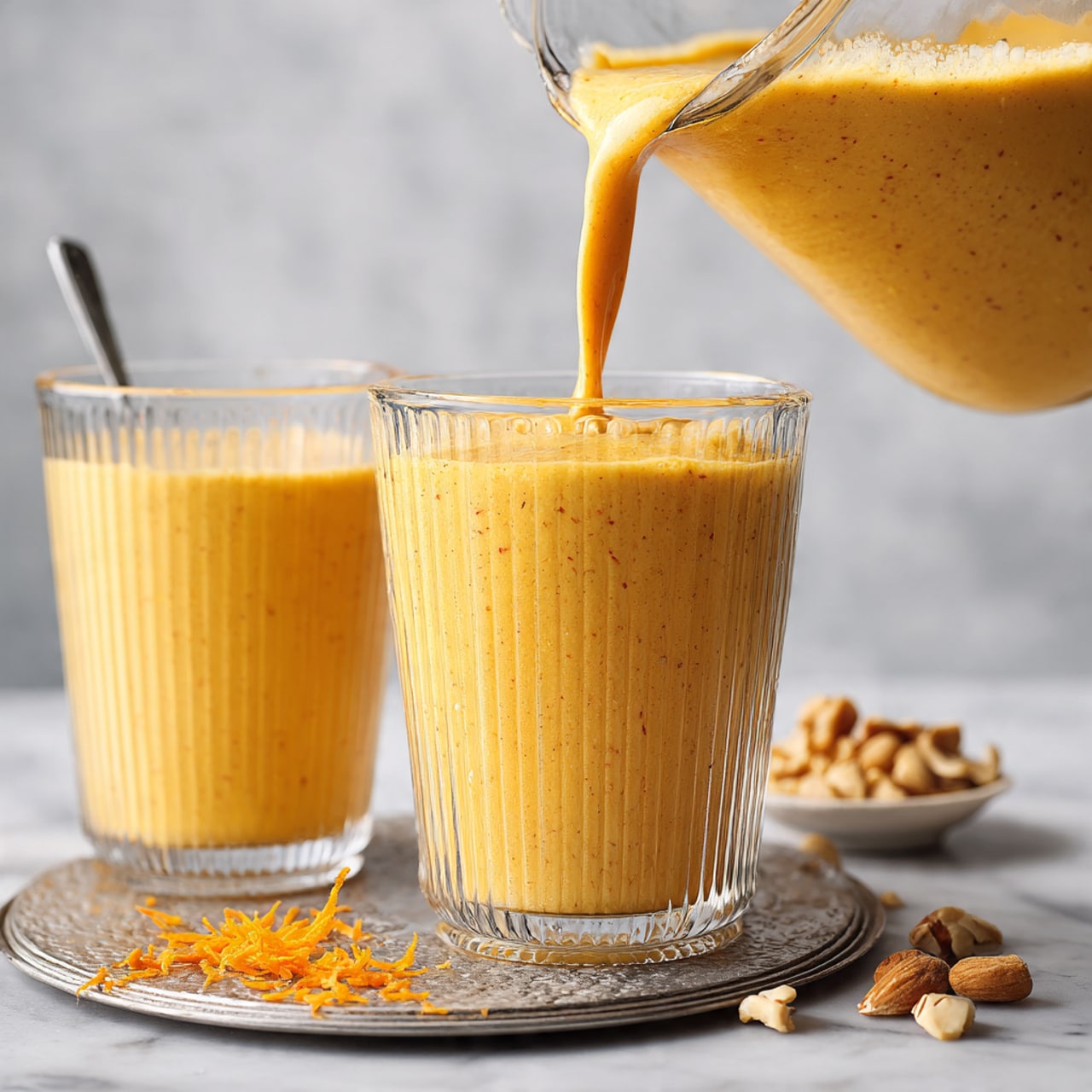 Two clear glasses filled with a creamy orange smoothie, topped with thin orange carrot strips and small brown chopped nuts on the surface. The glasses sit on a white marbled background with scattered nuts and carrot pieces around them. photo taken with an iphone --ar 4:5 --v 7