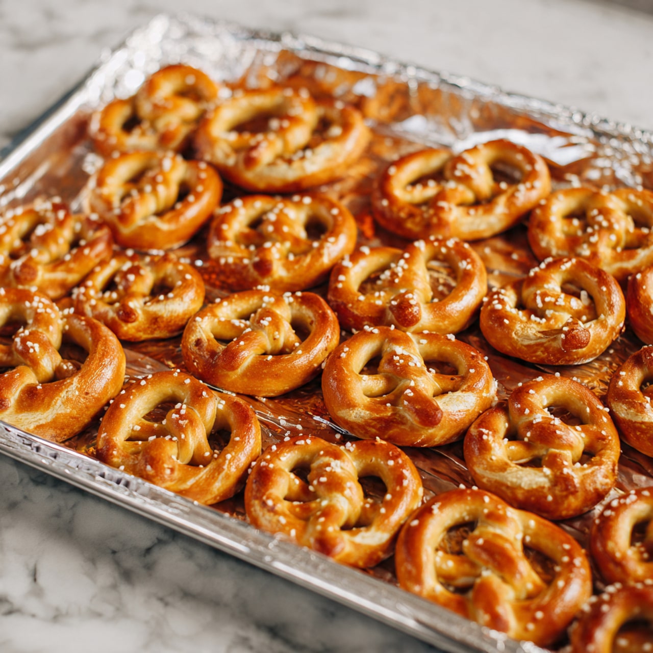 The image shows many square chocolate-covered bars arranged on a green plate and on a white marbled surface around a tray with aluminum foil. Each bar has two visible layers: a top thick, smooth dark brown chocolate layer with a matte finish and slight air pockets, and a bottom golden-brown biscuit or cookie layer with a rough texture, slightly crumbly at the edges. The tray below is lined with shiny aluminum foil, and some bars are still attached, while one bar is lifted to show its layers. There are small crumbs scattered around the bars. The background is white marble with subtle gray veining. photo taken with an iphone --ar 4:5 --v 7