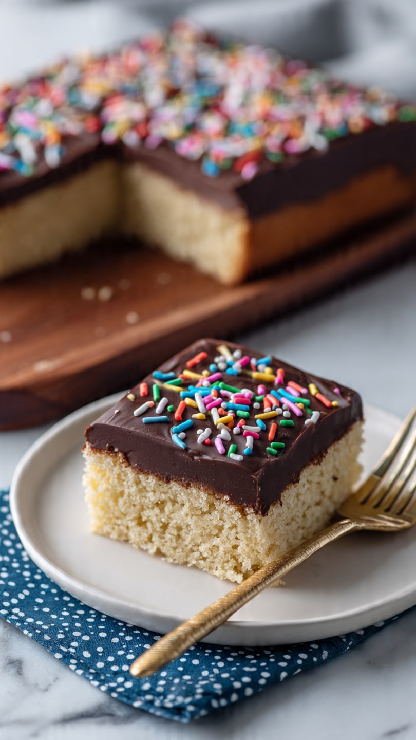 A thick square cake piece sits on a white plate, covered with smooth dark chocolate icing topped with colorful round and stick sprinkles. The cake has two layers: a light golden inside with small bits, and a glossy dark chocolate layer on top. Behind the plate, the rest of the rectangular cake is on a wooden board with one piece missing, showing the soft inside and the chocolate topping with sprinkles. A golden fork rests on the plate beside the cake on a blue napkin with white dots, and the surface is a white marbled texture. photo taken with an iphone --ar 4:5 --v 7