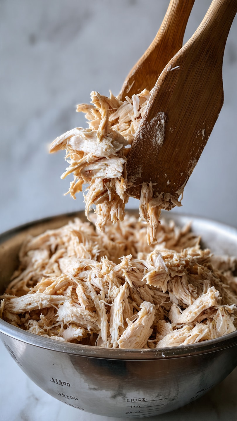 The image shows shredded cooked chicken being lifted by two wooden spatulas over a silver metal bowl filled with more shredded chicken. The chicken pieces are light brown with visible texture, and the bowl has measurement markings on the inside. The background is a white marbled surface. photo taken with an iphone --ar 4:5 --v 7