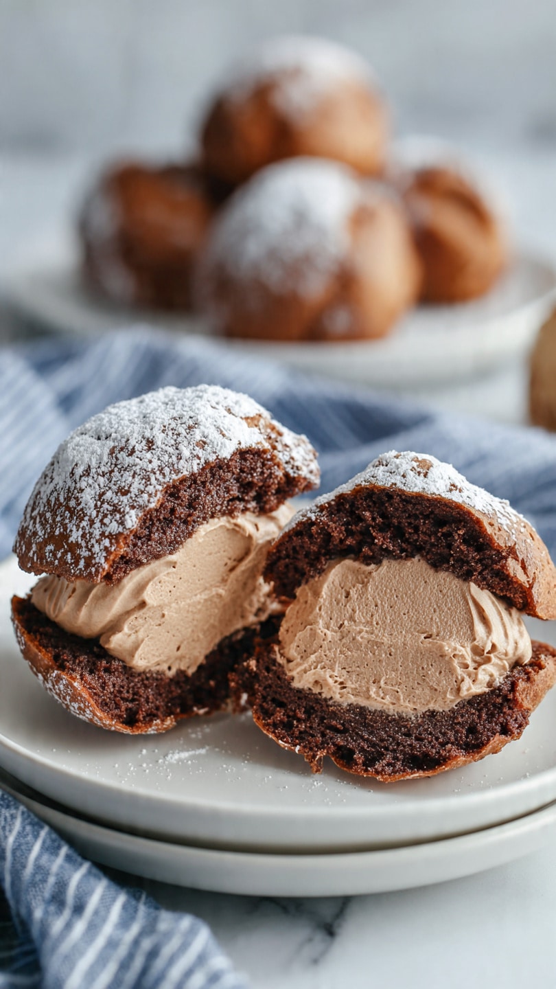 A white plate holds six round chocolate cream puffs, each with two layers: a darker brown, slightly rough-textured bottom puff and a top puff dusted with white powdered sugar. Between the puffs is a smooth, creamy swirl of light brown chocolate frosting. The background features a soft white marbled texture and a blurred white and blue striped fabric. Photo taken with an iphone --ar 4:5 --v 7