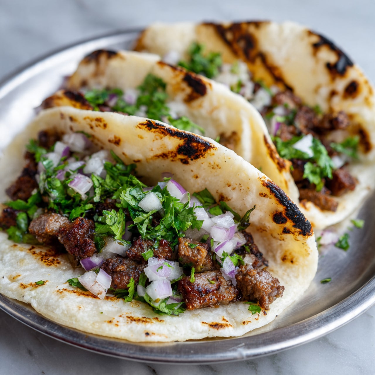A round white plate with a pattern holds seven small yellow corn tortillas arranged in a circle. Each tortilla has a layer of small brown meat pieces topped with chopped white onions and green cilantro leaves. In the center of the plate are two small white bowls, one filled with chunky red salsa and the other with green lime wedges. The plate is on a white marbled surface. Nearby, there are small white bowls with red radishes and chopped green cilantro. Photo taken with an iphone --ar 4:5 --v 7
