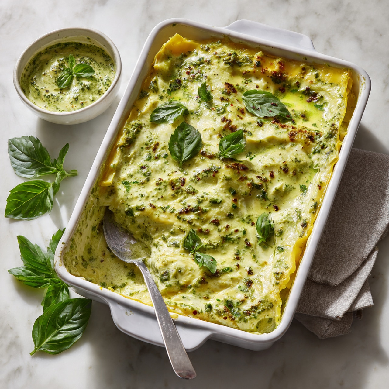 A white rectangular baking dish shows one visible layer of lasagna noodles at the bottom, covered by a thick spread of light green creamy sauce with small darker green flecks, giving it a textured, slightly uneven surface. A metal spoon is resting on top of the sauce, with some sauce on it. Around the dish, dark green fresh basil leaves lay on a white marbled surface. A small white bowl with more of the same green sauce is partially visible near the top edge. photo taken with an iphone --ar 4:5 --v 7