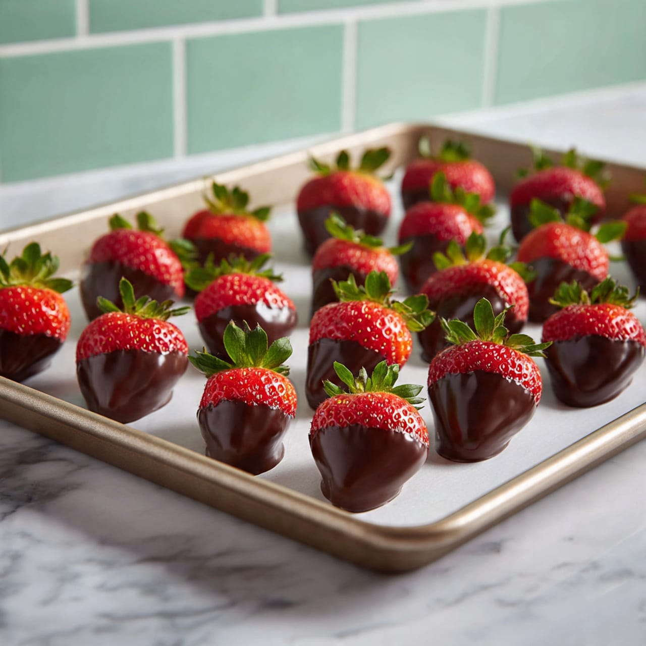 A close-up image of a woman's hand holding a small dessert made of half a strawberry dipped in smooth dark chocolate, showing the red strawberry with tiny seeds on top and the shiny dark brown chocolate coating the bottom half. The background shows a white marbled texture with a baking tray filled with similar strawberry chocolates evenly spaced out. The overall image is bright and clear with a soft focus on the tray and sharp details on the strawberry treat photo taken with an iphone --ar 4:5 --v 7