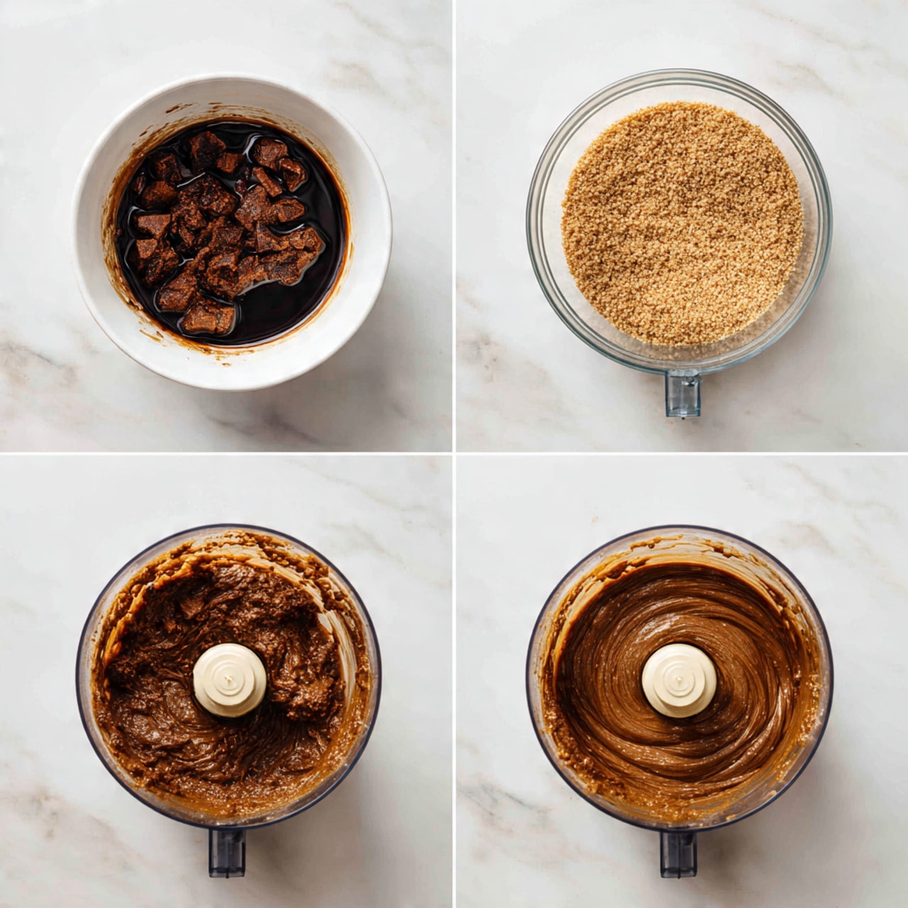 The image shows a round cake with three layers on a white marbled surface. The bottom layer is thin and dark brown with a crumbly texture. The middle layer is thick and bright pink, smooth and creamy. The top layer is a shiny chocolate brown glaze that slightly drips over the edge. On top of the cake, there are fresh whole cherries with stems, some cut cherries showing the red inside, and many fresh blueberries scattered in a cluster. A slice of cake is removed, showing the clean cut of the three layers. In the background, there is a white bowl filled with smooth chocolate and a golden rim white bowl with some cherries. photo taken with an iphone --ar 4:5 --v 7