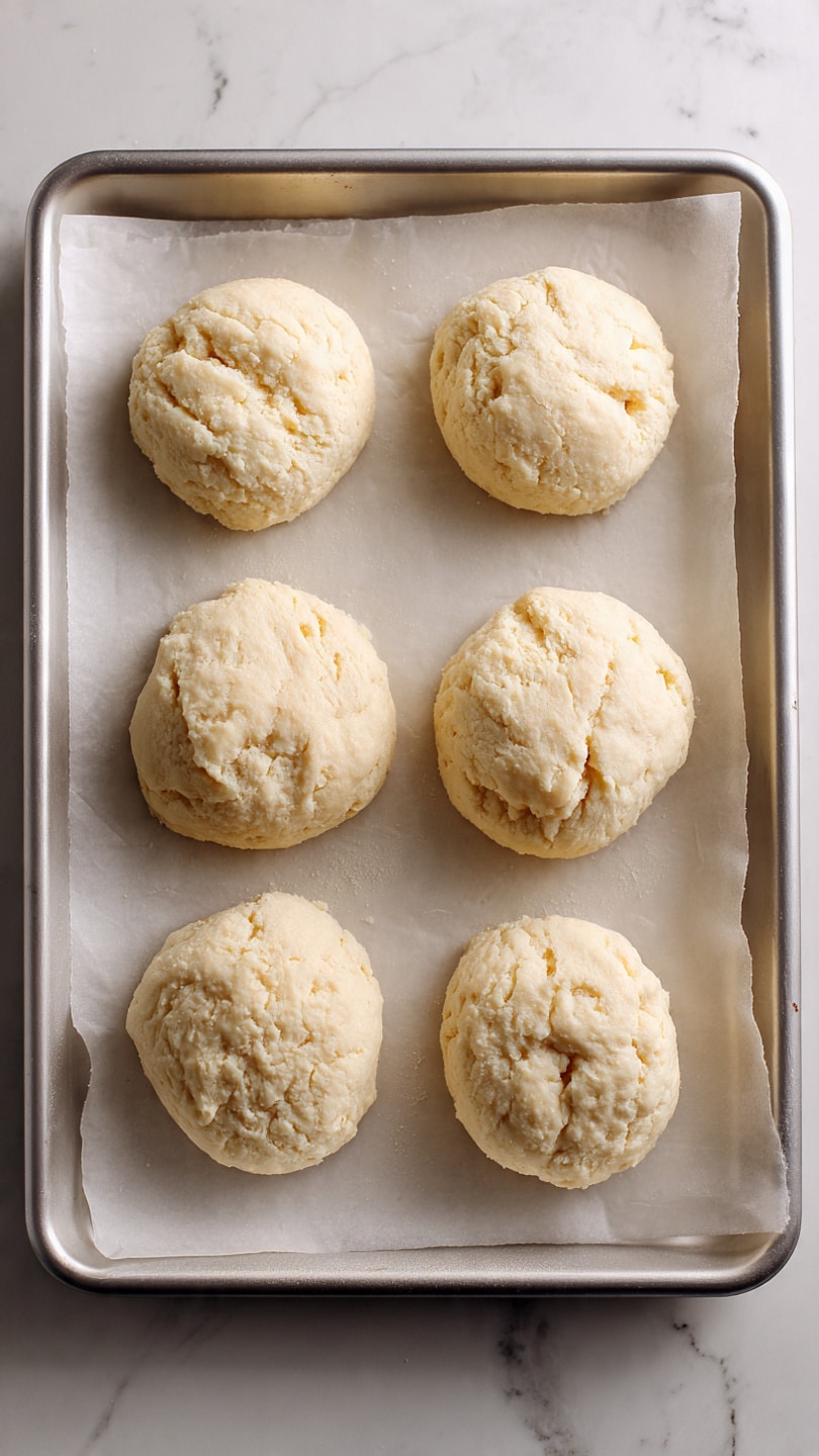 The image shows four light golden brown, puffed pockets on a silver baking tray. Each pocket has a smooth, slightly domed top with subtle texture and some faint golden spots indicating light baking. The pockets are spaced evenly along the tray, which rests on a white marbled surface. In the foreground, there is a blurred blue cloth, and in the background, there are out-of-focus shapes hinting at a kitchen environment. photo taken with an iphone --ar 4:5 --v 7