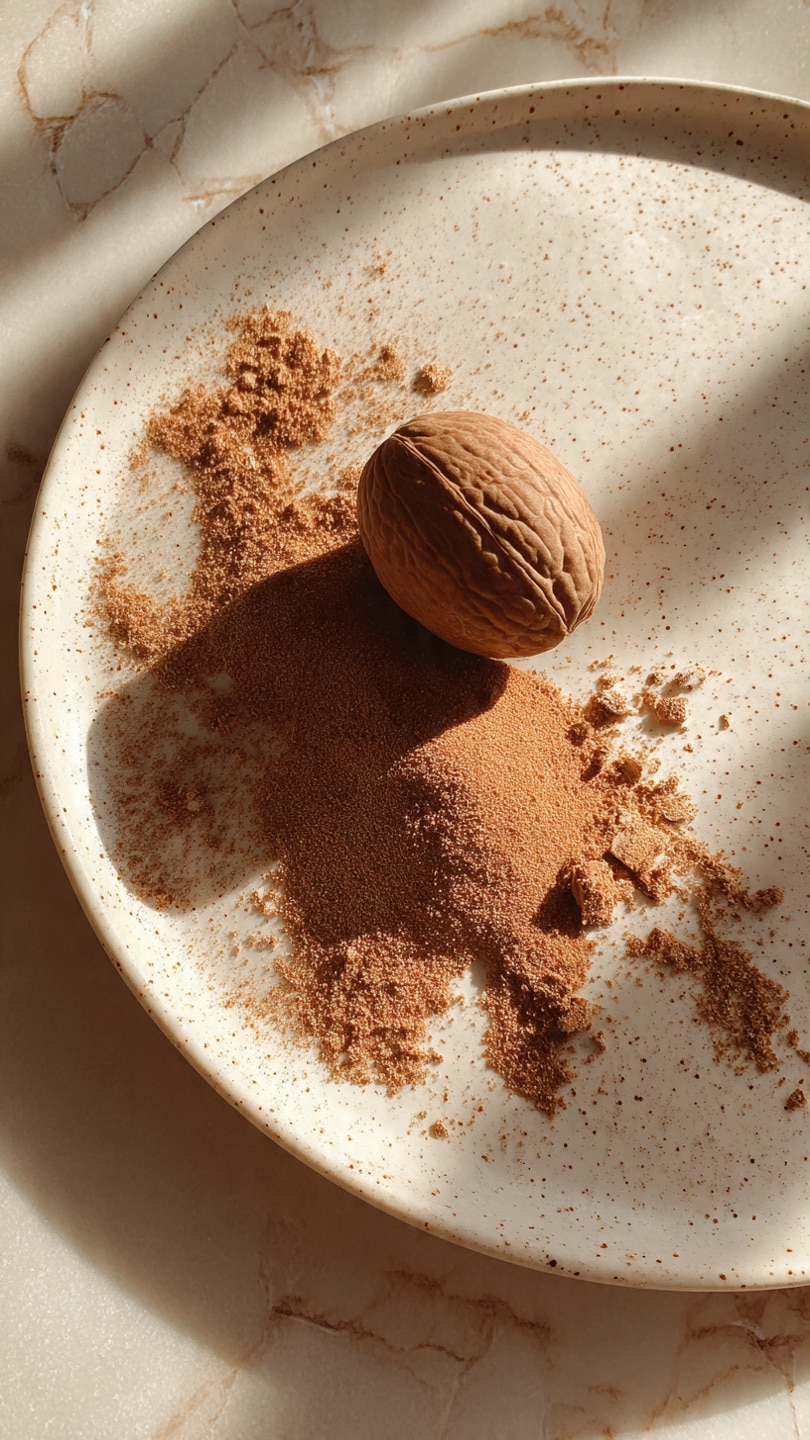 A close-up image shows one whole nutmeg and a small pile of grated nutmeg on a large round white plate with small speckles. The plate is placed on a white marbled surface. The whole nutmeg is placed near the top right of the grated pile, which is slightly spread out with fine, powdery brown shreds. The lighting is soft, creating subtle shadows around the nutmeg and the grated pieces, highlighting their texture. photo taken with an iphone --ar 4:5 --v 7
