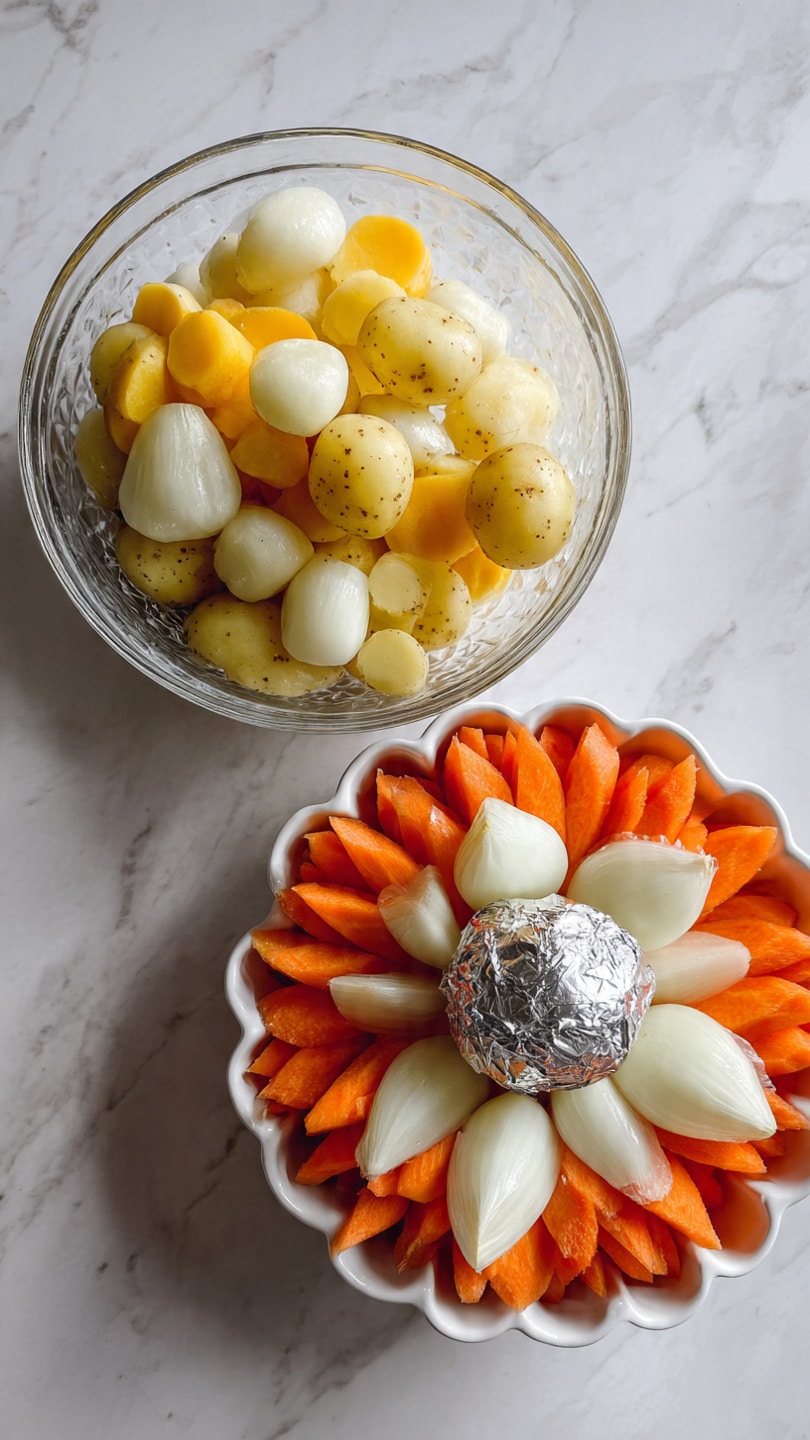 The image shows two bowls with chopped vegetables. On the left, a clear glass bowl contains three layers of vegetables: at the bottom are small yellow potato halves, followed by thick round orange carrot slices, and topped with large white onion chunks. On the right, a white bowl shaped like a flower holds the same vegetables arranged in similar layering: yellow potato halves on the bottom, orange carrot slices over them, and white onion pieces scattered on top. In the center of the flower-shaped bowl is a small ball wrapped in silver foil. Both bowls are placed on a white marbled surface. Photo taken with an iphone --ar 4:5 --v 7